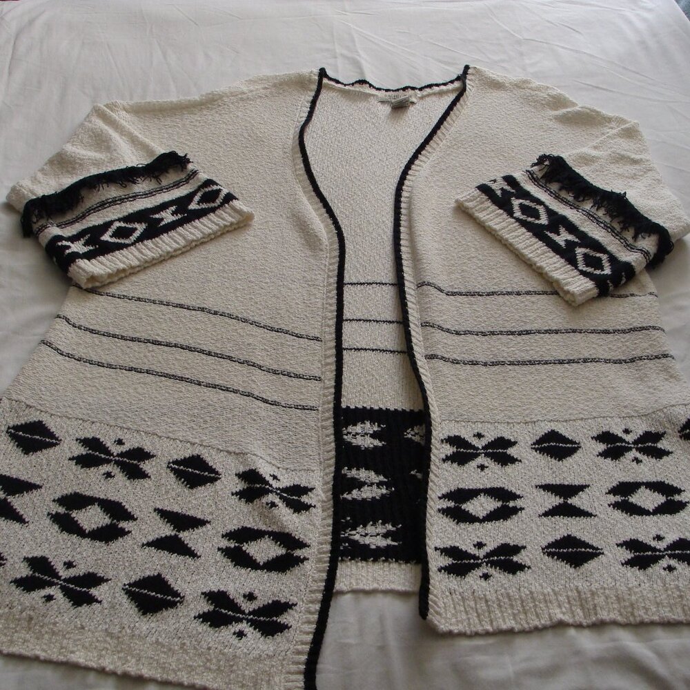 RACHEL ZOE White & Black Short Sleeve Open Front BOHO CARDIGAN Sweater Sz 2X